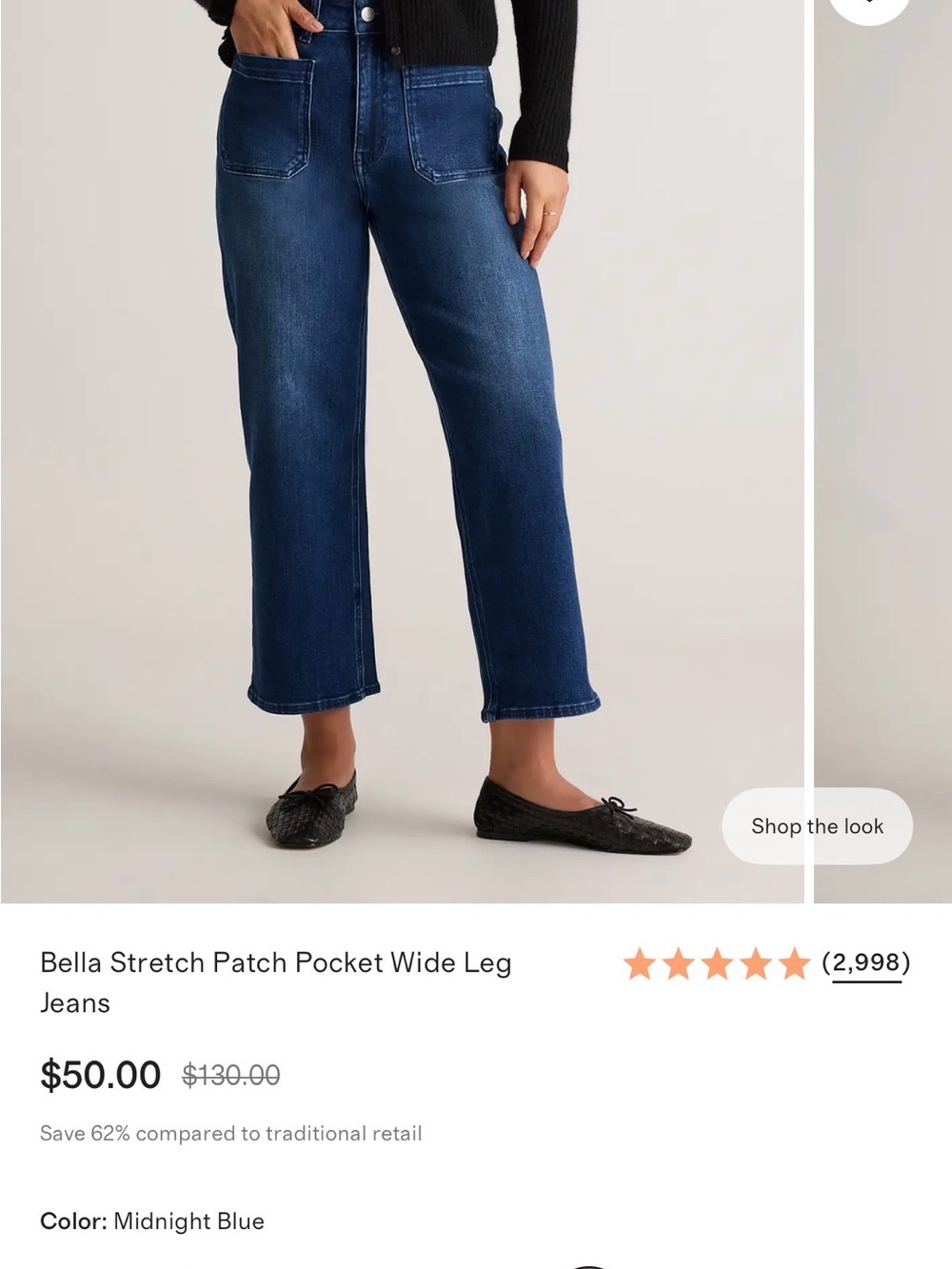 Quince Bella Stretch Midnight Blue Wide Leg Patch Pocket Jeans - new with tags